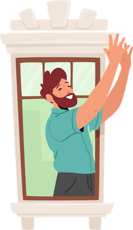 Man With raised hands at the window  Illustration