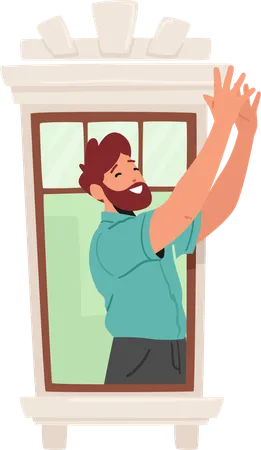 Man With Raised Hands At The Window Bathed In Warm Light A Moment Of Triumph Hope Or Celebration Smiling Mature Male Neighbor Character Cartoon People Vector Illustration Illustration
