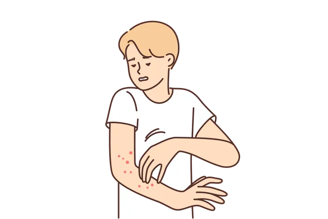 Man with rash on arm suffers from itching  Illustration