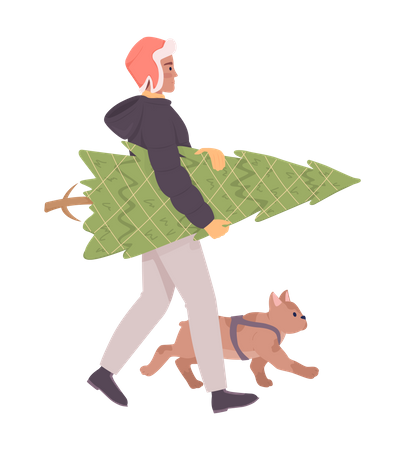 Man with real Christmas tree and french bulldog  Illustration