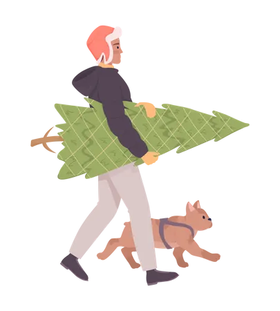 Man with real Christmas tree and french bulldog  Illustration