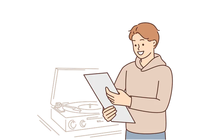 Man With Vinyl Record Stands Near Gramophone And Smiling Looks At Box Of Vintage Sound Recordings From Rare Collection Classical Music Lover Guy Uses Old Antique Vinyl Disk Player Illustration