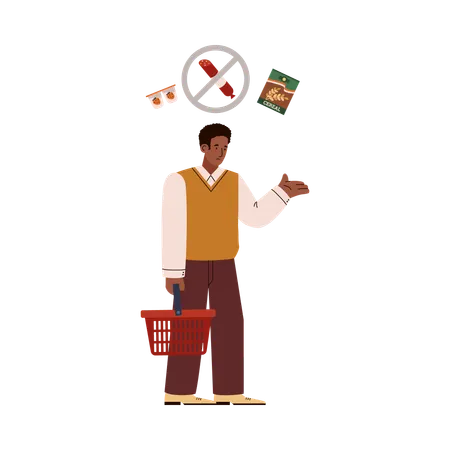 Man with red shopping cart frustrated by lack of products  Illustration