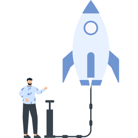 Man with Rocket and Pump Business Growth Innovation Launch  Illustration