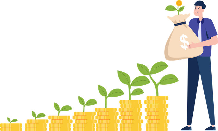 Man with row of stacks of coins with plant growing out of them  Illustration