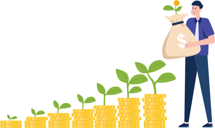 Man with row of stacks of coins with plant growing out of them Illustration