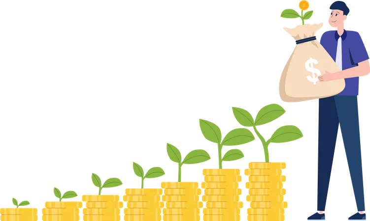 Man with row of stacks of coins with plant growing out of them Illustration