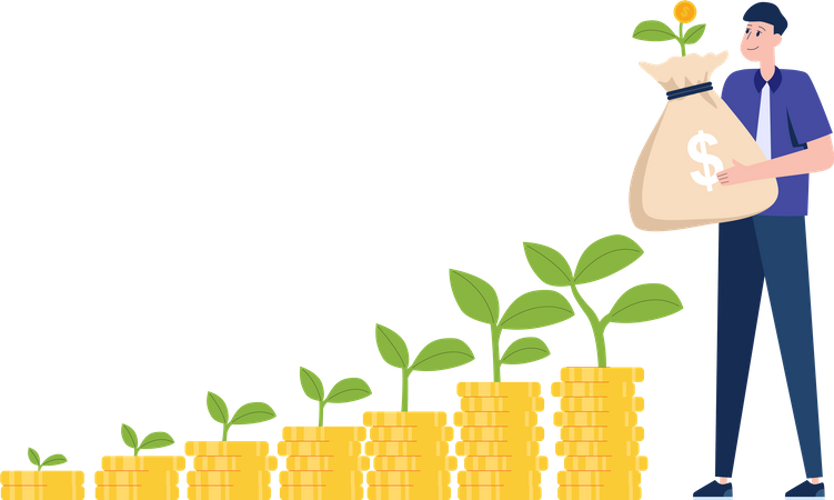 Man with row of stacks of coins with plant growing out of them  Illustration