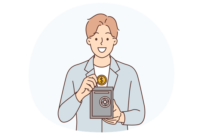 Man with safe for money recommends using reliable bank deposit for capital accumulation  Illustration