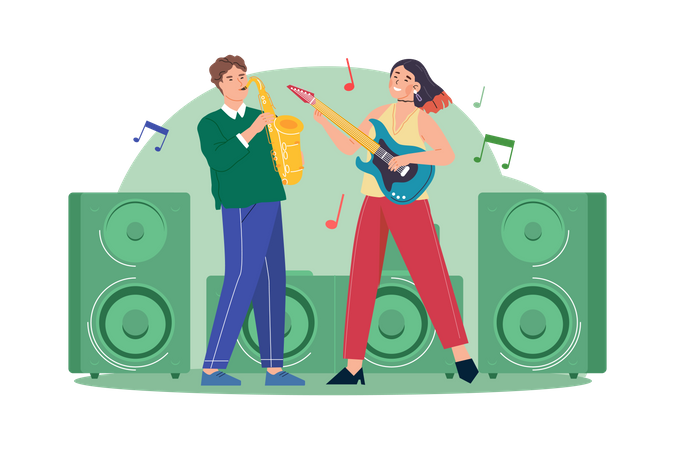 Man With Saxophone And Woman With Guitar  Illustration