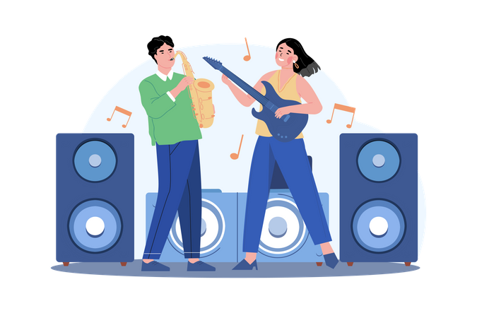 Man With Saxophone And Woman With Guitar  Illustration