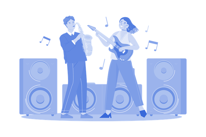Man With Saxophone And Woman With Guitar  Illustration