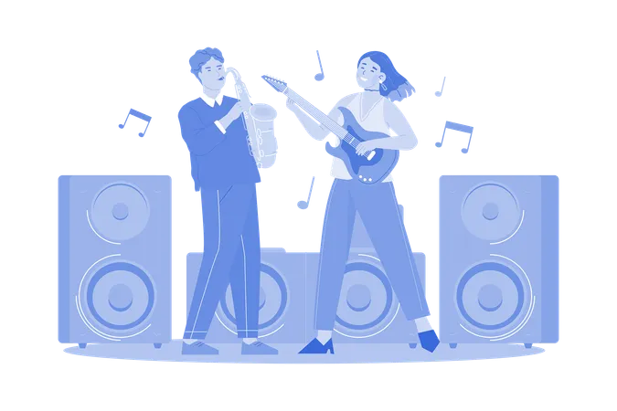 Man With Saxophone And Woman With Guitar  Illustration