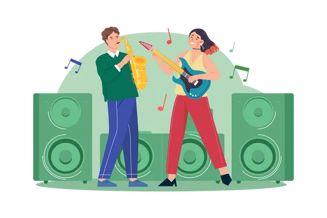 Man With Saxophone And Woman With Guitar Illustration