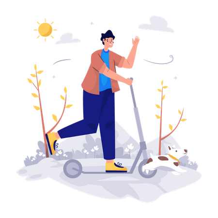 Man with scooter and dog in spring season Illustration