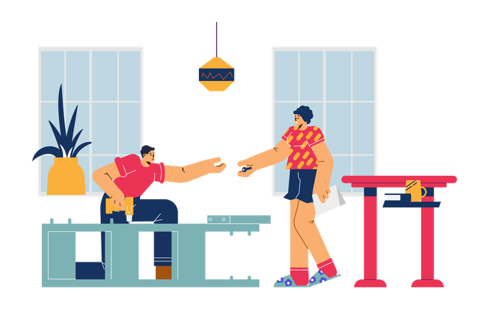 Man with screwdriver assembling furniture cupboard and woman giving screw  Illustration