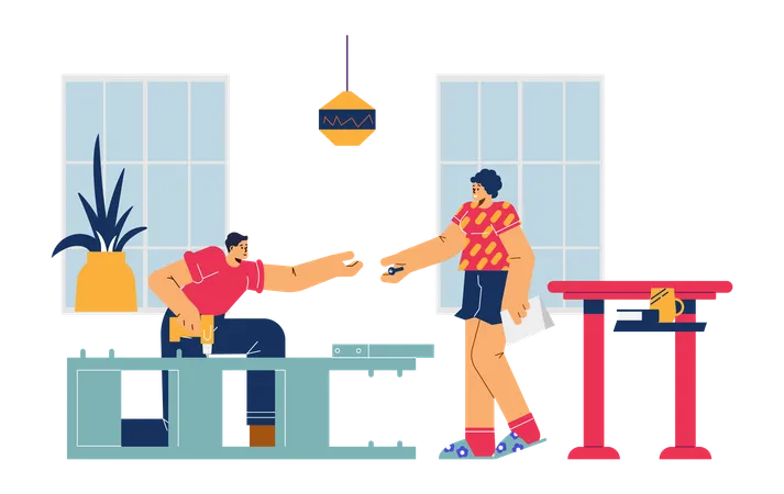 Man with screwdriver assembling furniture cupboard and woman giving screw  Illustration