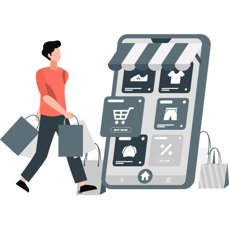 Man with shopping bags in his hand doing online shopping  Illustration