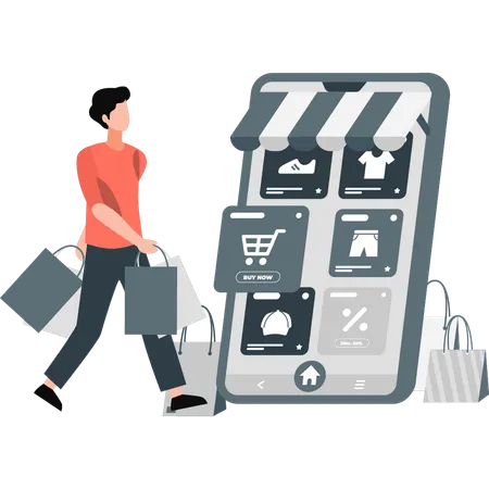 Man with shopping bags in his hand doing online shopping  Illustration