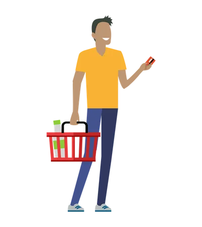 Man With Shopping Basket Smiling Man In Yellow T Shirt And Blue Pants Holding Credit Card Man Daily Shopping Customer In Mall Supermarket Shopping Retail Store Illustration In Flat Illustration