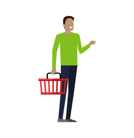 Man With Empty Shopping Basket Smiling Man In Green T Shirt And Blue Pants Man Daily Shopping Supermarket Shopping Customer In Mall Retail Store Illustration In Flat Illustration