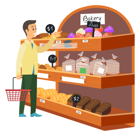 Man with shopping basket chooses pastries at grocery store  Illustration