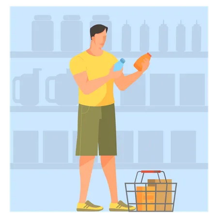Man with shopping basket choosing groceries in supermarket Illustration