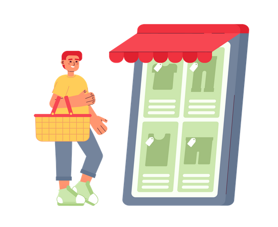 Man with shopping basket visiting online clothing store  イラスト