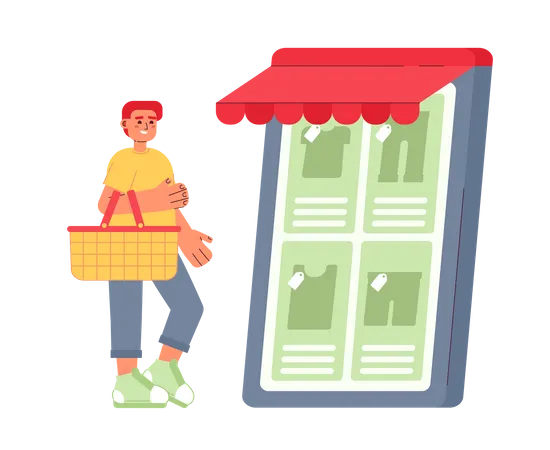 Man with shopping basket visiting online clothing store  イラスト