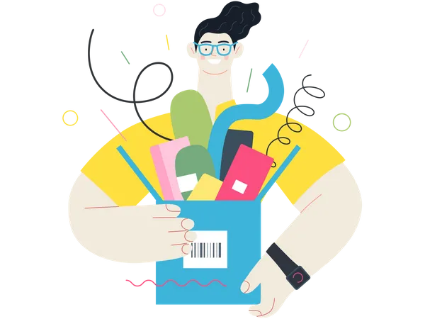 Discounts Sale Promotion Online Shopping Modern Flat Vector Concept Illustration Of A Young Man Holding A Box Full Of Goods Delivery And Online Orders Concept Illustration