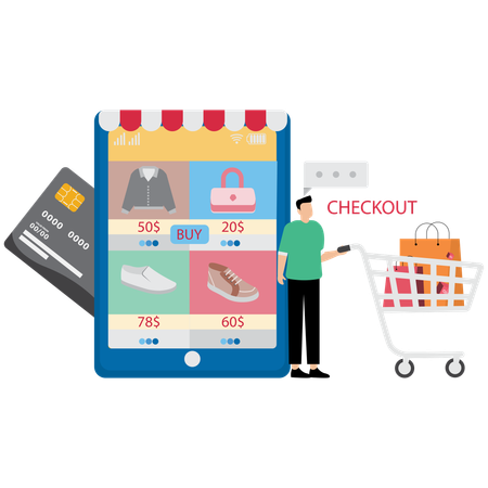 Man with Shopping Cart and doing Checkout  Illustration