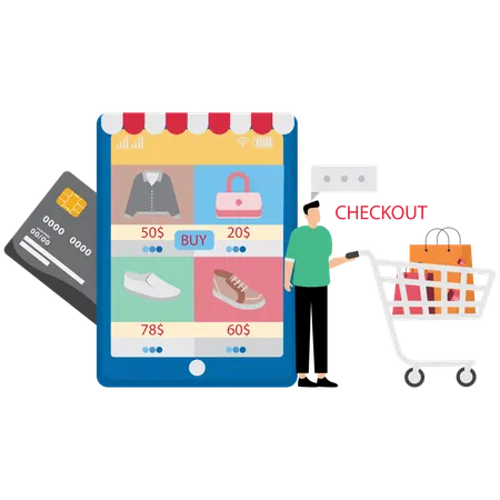 Man with Shopping Cart and doing Checkout  Illustration