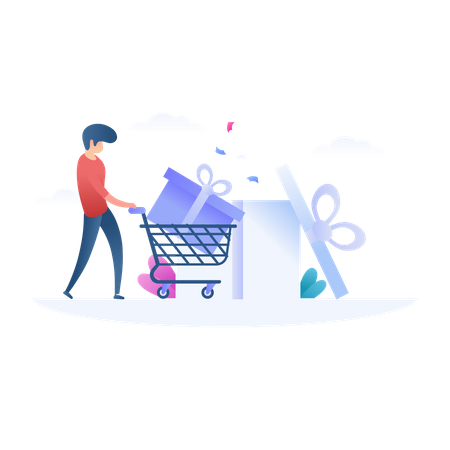 Man with shopping cart and Gift Illustration