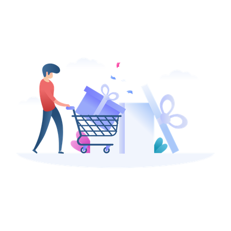 Man with shopping cart and Gift  Illustration