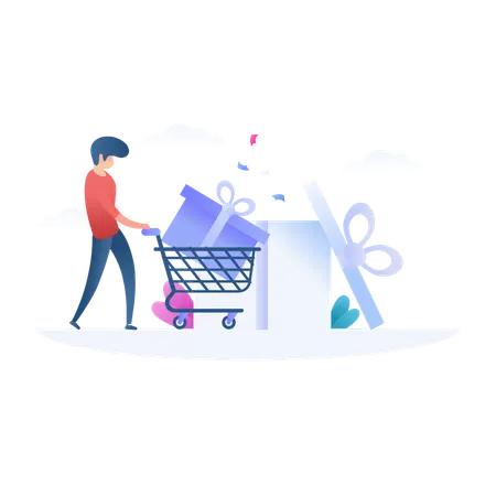Man with shopping cart and Gift  Illustration