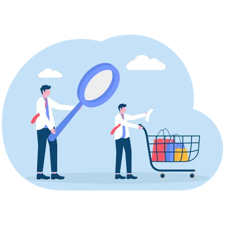 Man with shopping cart and list followed by big hand with magnifying glass  Illustration