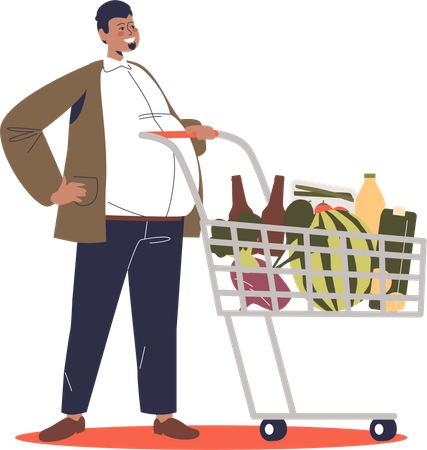 Man with shopping cart buying food in store  Illustration