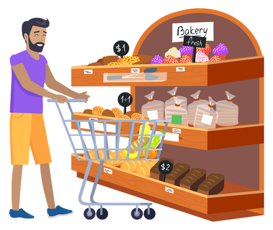 Man with shopping cart chooses pastries at Bakery store  Illustration