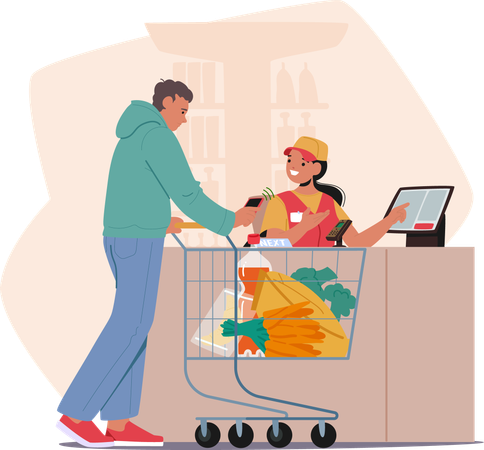 Man With Shopping Cart Filled With Fresh Vegetables and Goods Makes Contactless Payment For Groceries  Illustration