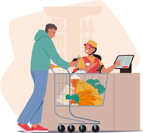 Man With Shopping Cart Filled With Fresh Vegetables and Goods Makes Contactless Payment For Groceries  Illustration