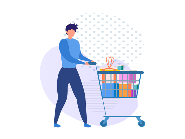 Man with shopping trolley and shopping products  Illustration