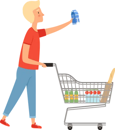 Man with shopping trolley in market  Illustration