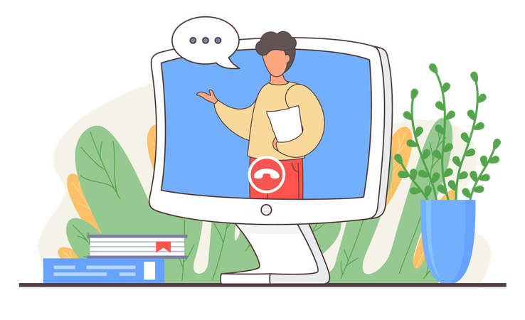 Man with short dark hair stands in monitor screen and speaks with chat bubble  Illustration