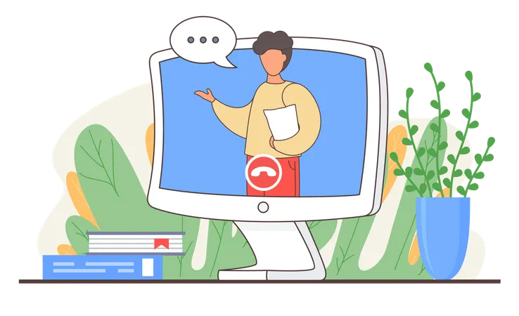 Man with short dark hair stands in monitor screen and speaks with chat bubble  Illustration