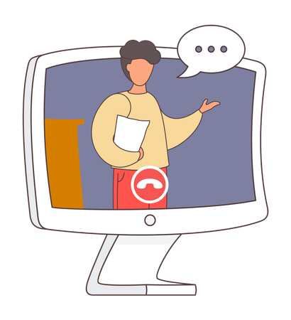 Man with short dark hair stands on monitor screen and speaks with chat bubble  Illustration