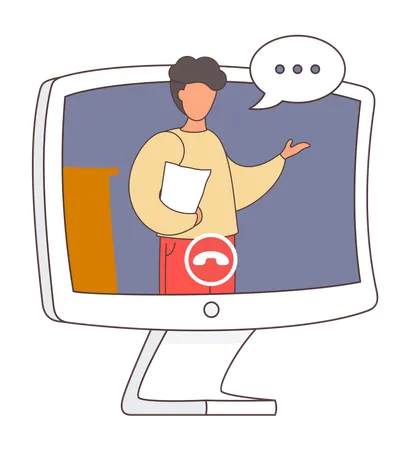 Man with short dark hair stands on monitor screen and speaks with chat bubble  Illustration