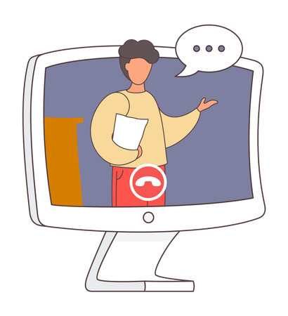 Man with short dark hair stands on monitor screen and speaks with chat bubble  Illustration