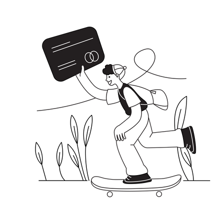 Man with Skateboard Holding Credit Card Illustration