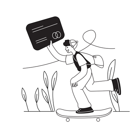 Man with Skateboard Holding Credit Card  Illustration