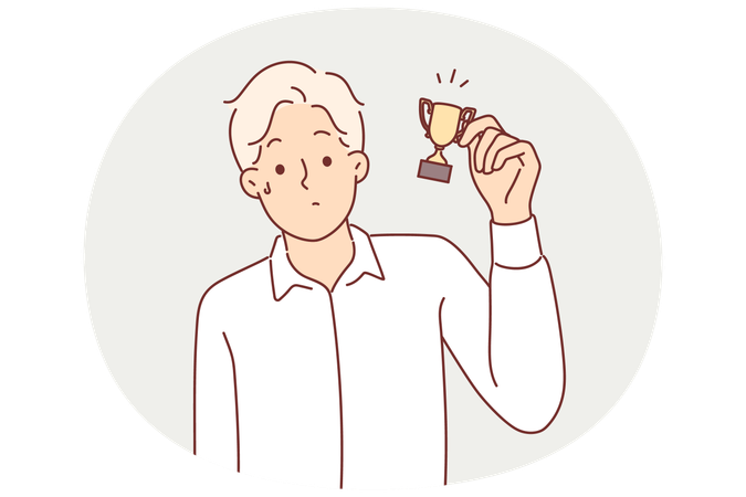 Man with small cup for minor achievement feels displaced after receiving consolation prize  Illustration
